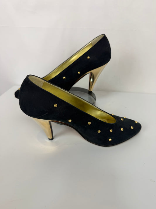 Escada Black Suede Gold Stud Detail Pointed Toe Heels