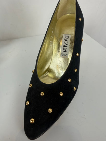 Escada Black Suede Gold Stud Detail Pointed Toe Heels