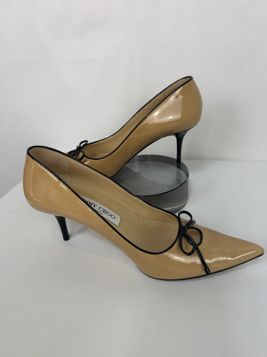 Jimmy Choo Nude Patent Leather Pointed Toe Kitten Heels w/ Bow