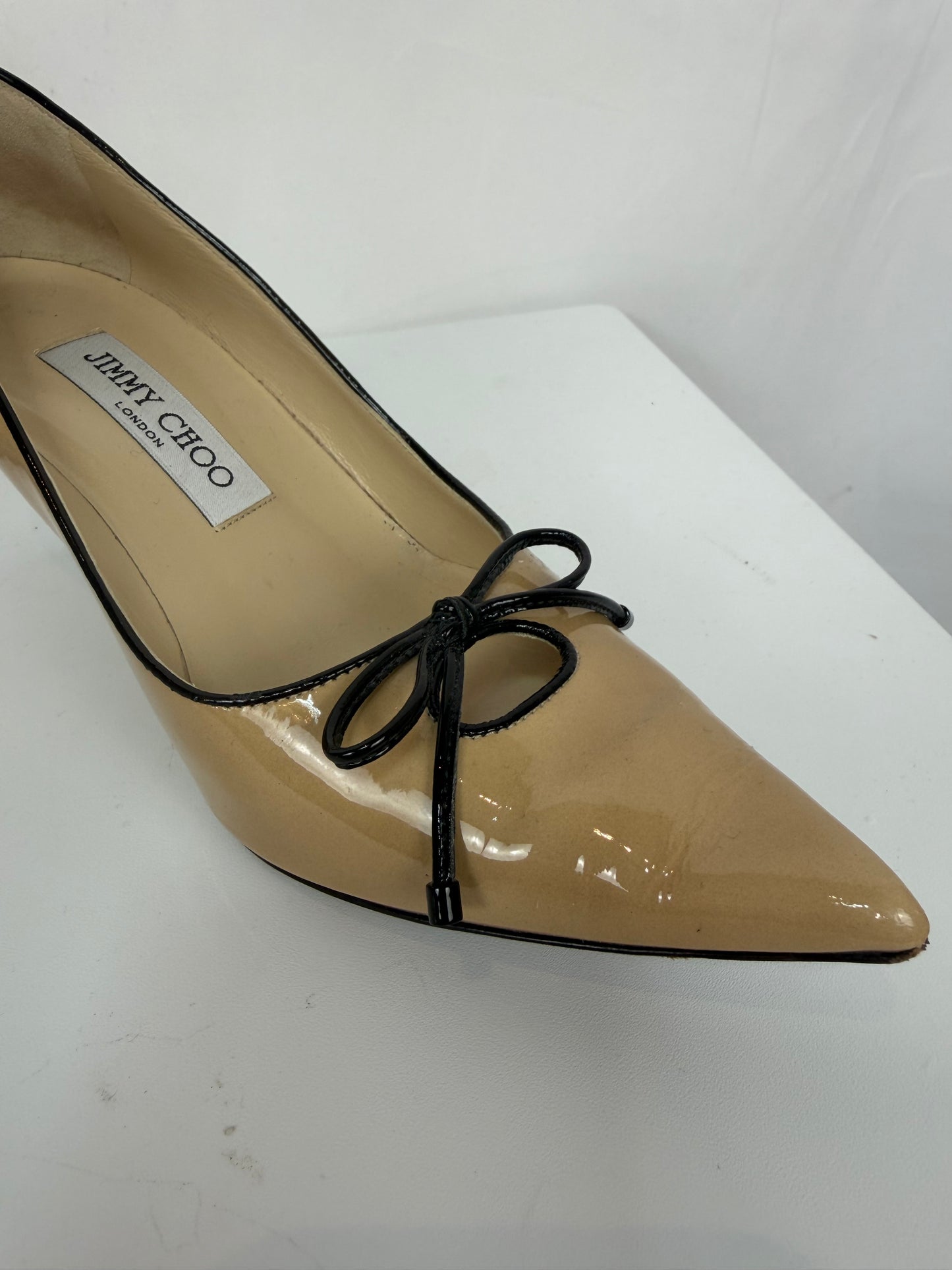 Jimmy Choo Nude Patent Leather Pointed Toe Kitten Heels w/ Bow