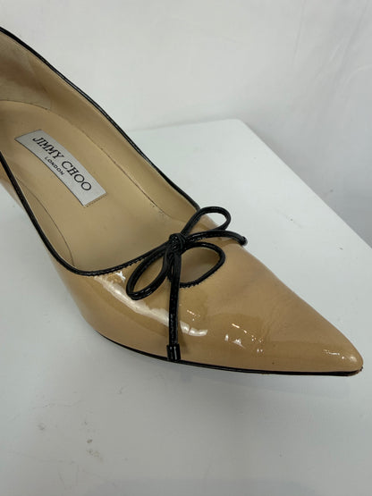 Jimmy Choo Nude Patent Leather Pointed Toe Kitten Heels w/ Bow
