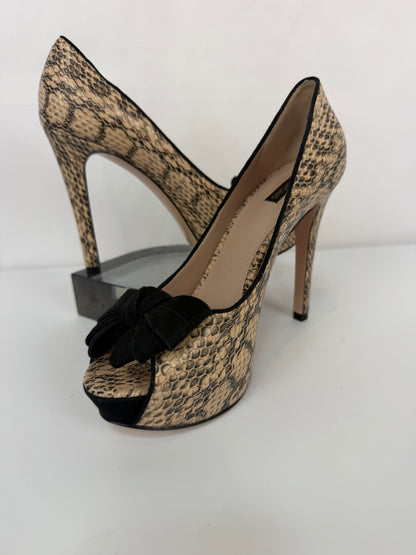Joan & David Tan Black Snakeskin Bow Tie peep Toe Pumps