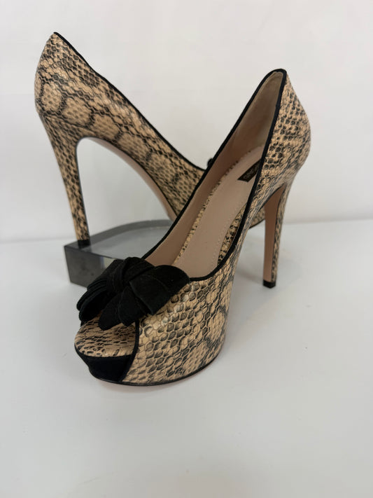 Joan & David Tan Black Snakeskin Bow Tie peep Toe Pumps