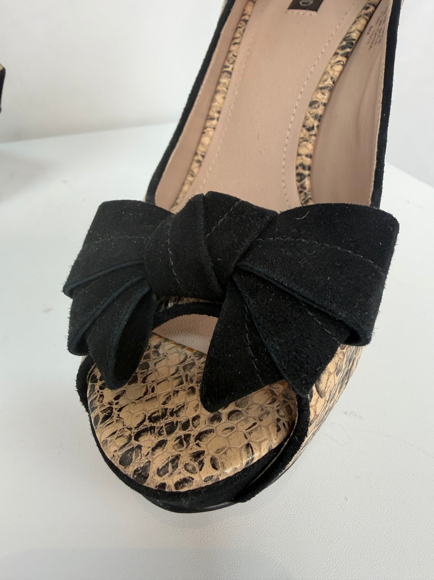 Joan & David Tan Black Snakeskin Bow Tie peep Toe Pumps