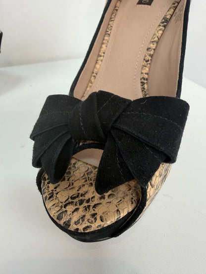 Joan & David Tan Black Snakeskin Bow Tie peep Toe Pumps