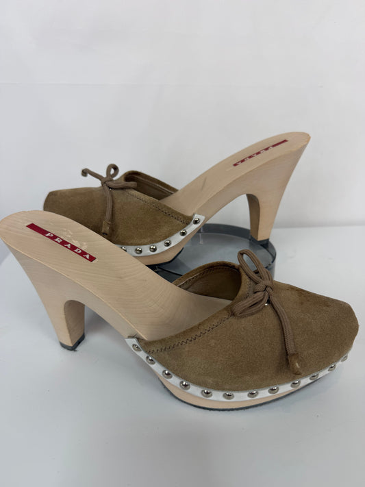 Prada Beige Suede Bow Deatil Wooden Wedge Heel Mules w Silver Studs