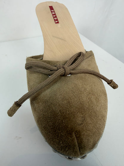 Prada Beige Suede Bow Deatil Wooden Wedge Heel Mules w Silver Studs