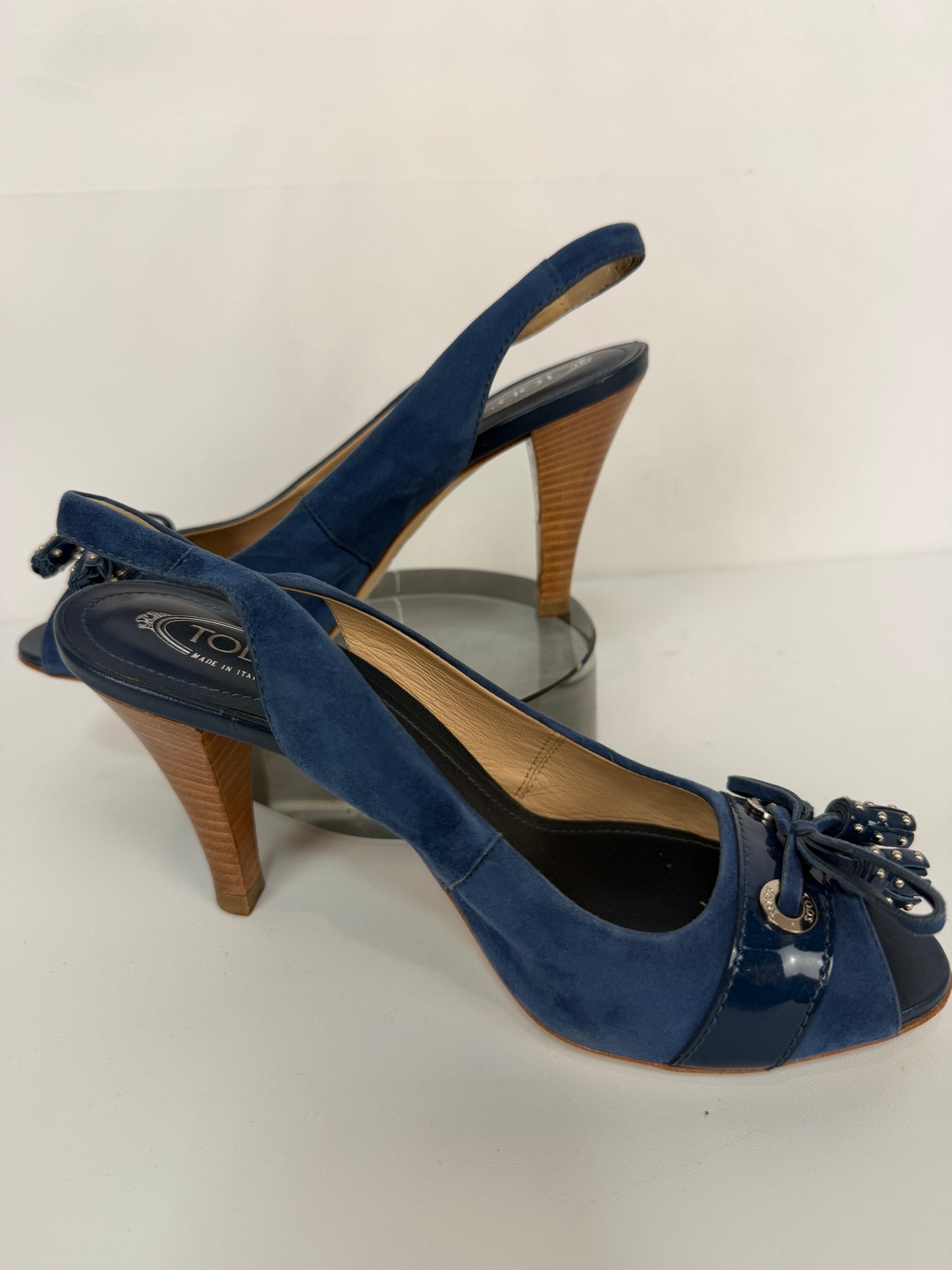 COMES WITH BOX - Tod's Blue Suede Peep Toe Sling Back Heels w/ Tassels
