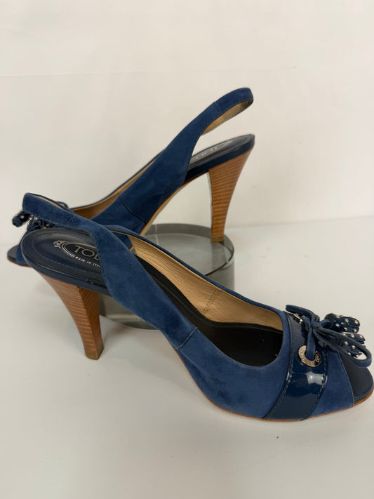 COMES WITH BOX - Tod's Blue Suede Peep Toe Sling Back Heels w/ Tassels