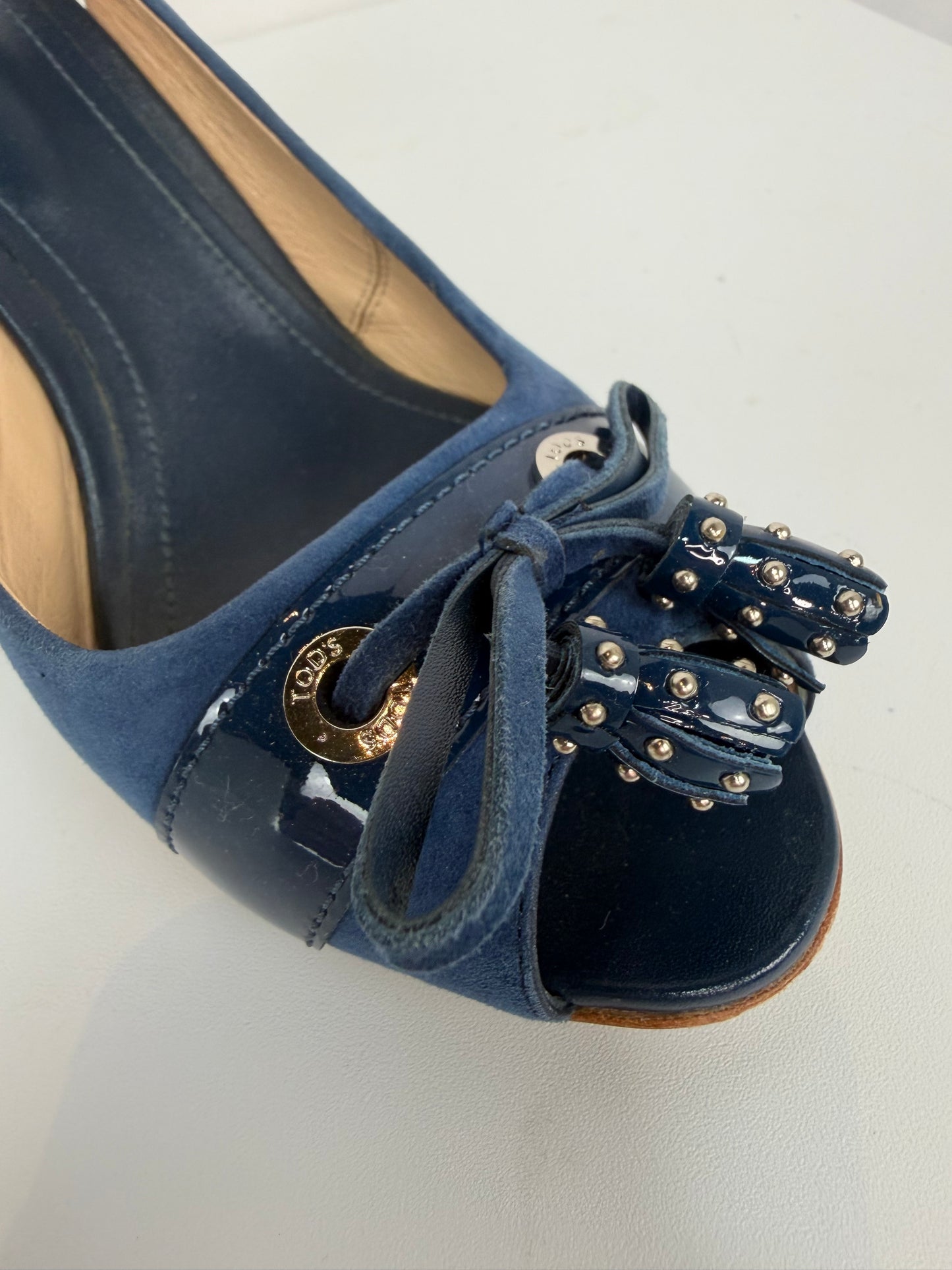 COMES WITH BOX - Tod's Blue Suede Peep Toe Sling Back Heels w/ Tassels
