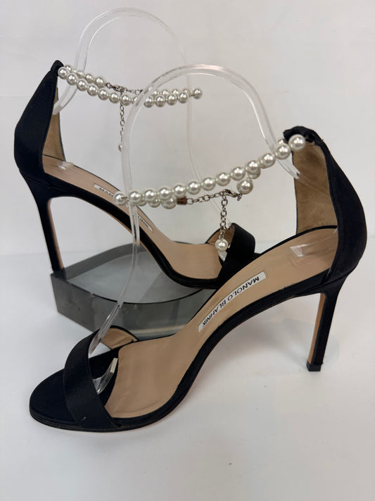 Manolo Blahnik Black Satin Open Toe Pearl Ankle Strap Heels
