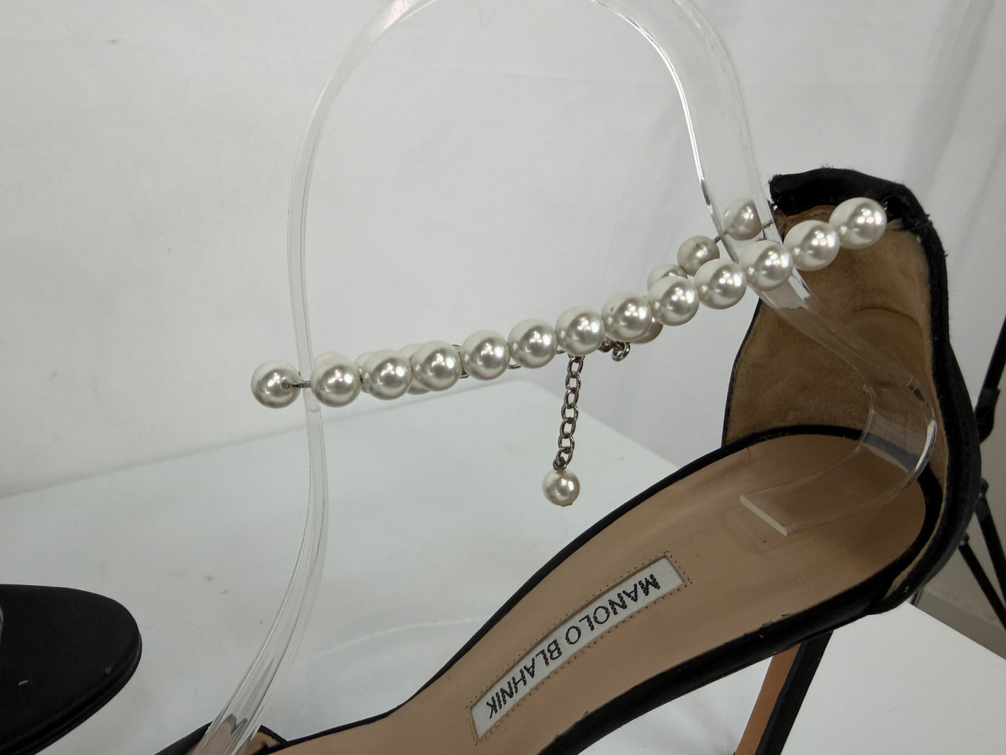 Manolo Blahnik Black Satin Open Toe Pearl Ankle Strap Heels