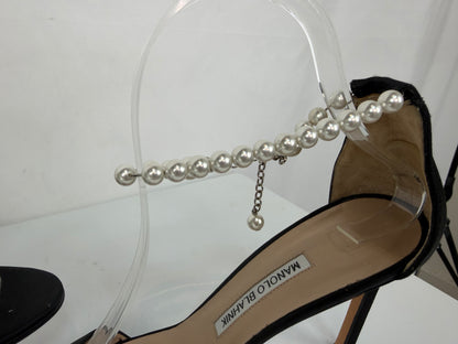Manolo Blahnik Black Satin Open Toe Pearl Ankle Strap Heels