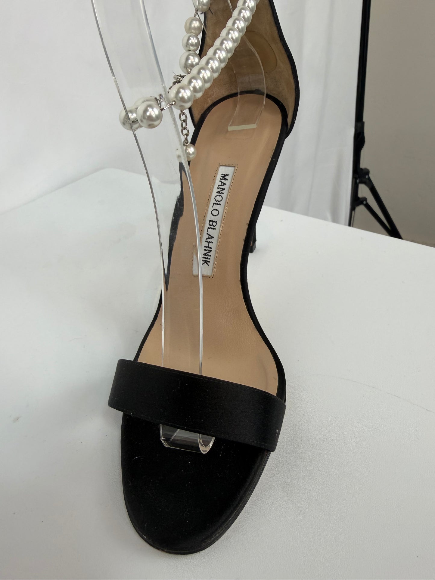 Manolo Blahnik Black Satin Open Toe Pearl Ankle Strap Heels