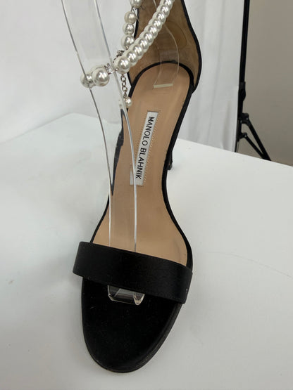 Manolo Blahnik Black Satin Open Toe Pearl Ankle Strap Heels