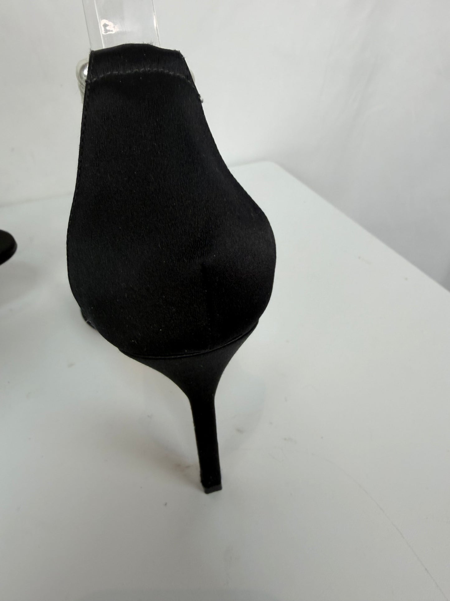 Manolo Blahnik Black Satin Open Toe Pearl Ankle Strap Heels