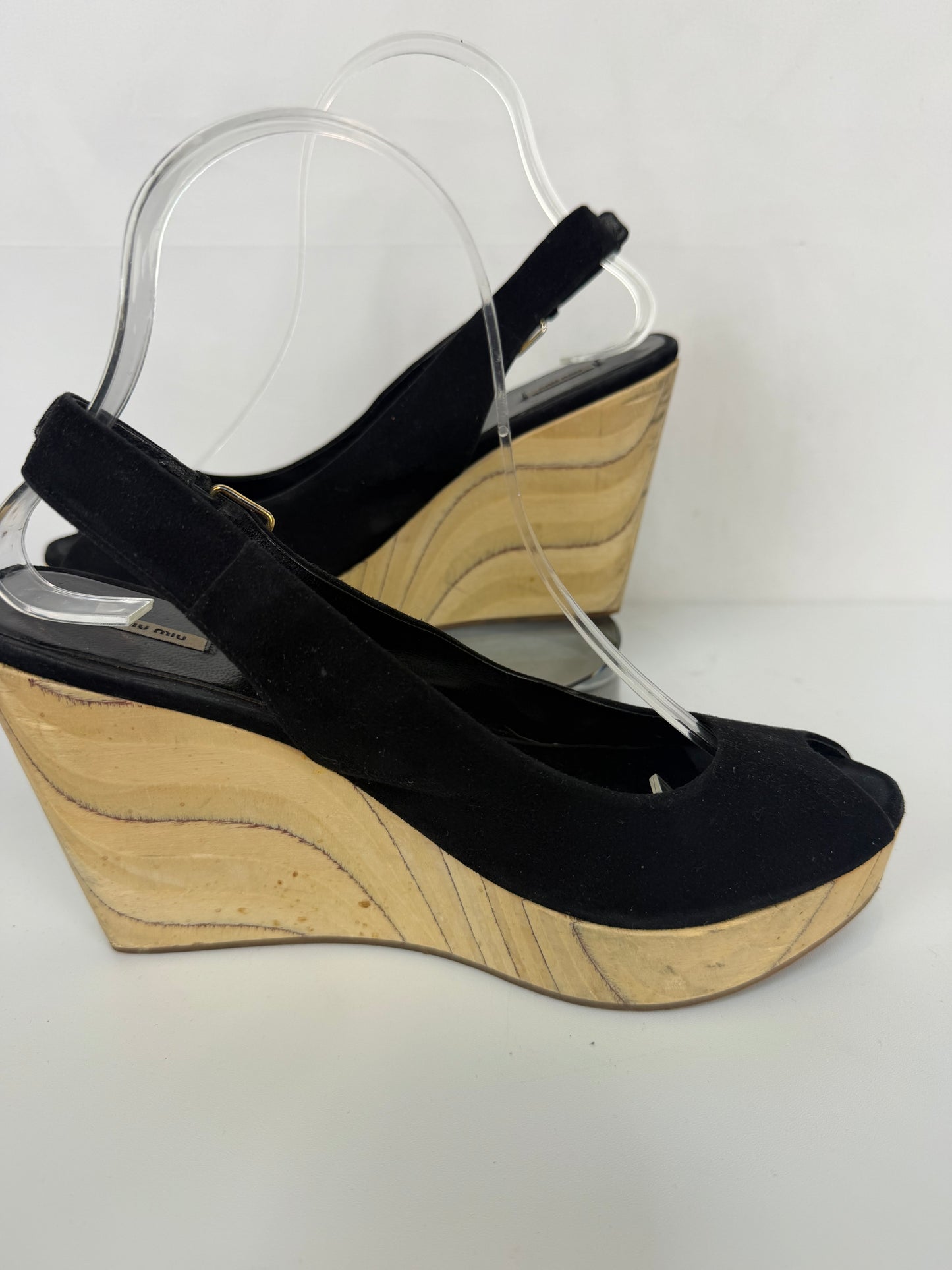 Miu Miu Black Suede Peep Toe Ankle Buckle Clog Wedge Sandals