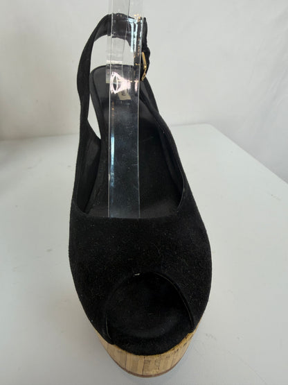Miu Miu Black Suede Peep Toe Ankle Buckle Clog Wedge Sandals