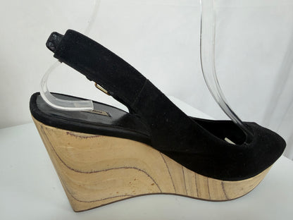 Miu Miu Black Suede Peep Toe Ankle Buckle Clog Wedge Sandals
