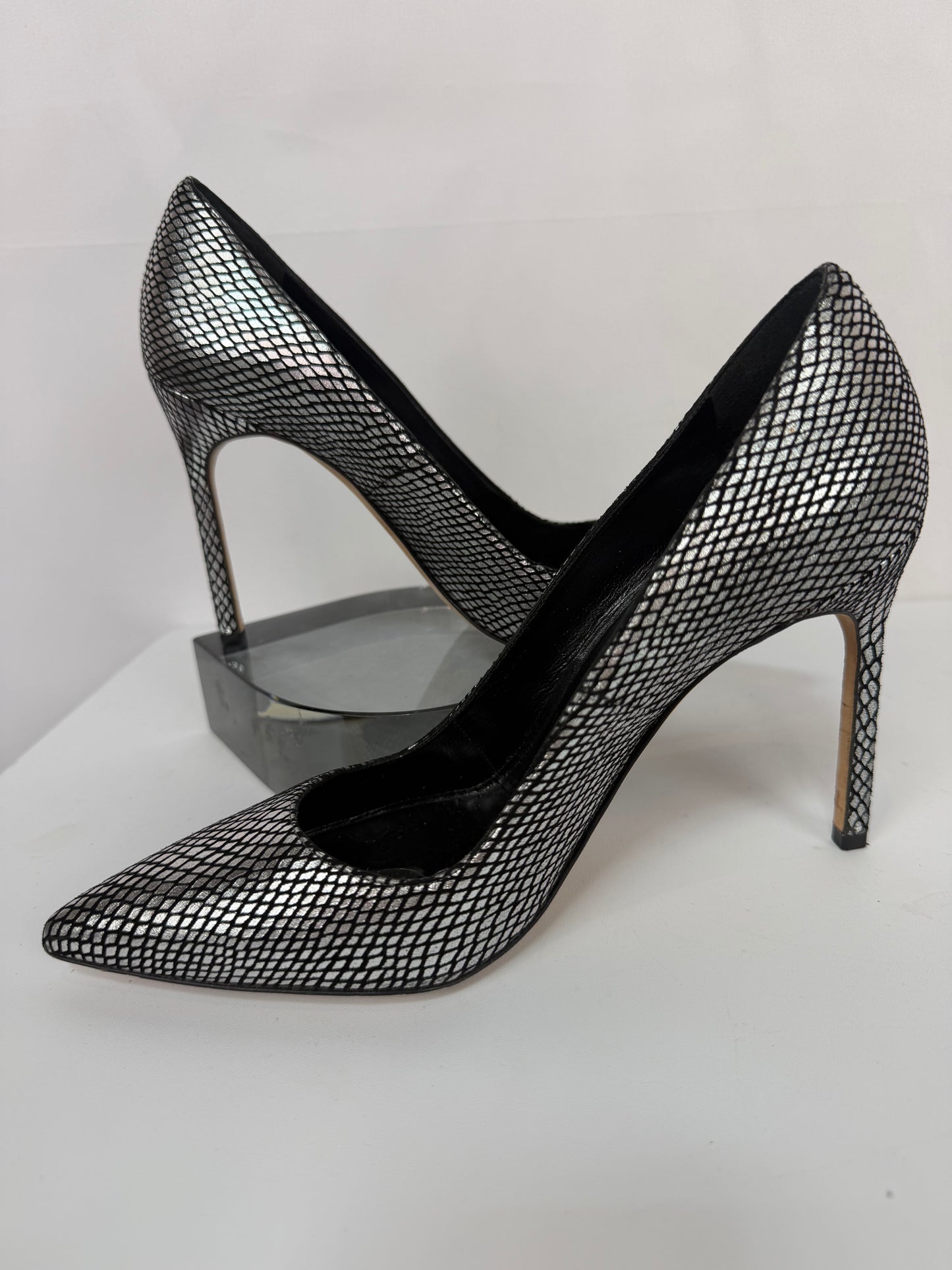Manolo Blahnik Suede Black & Silver Snakeskin Pointed Toe Pumps