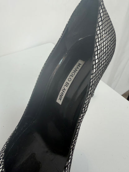 Manolo Blahnik Suede Black & Silver Snakeskin Pointed Toe Pumps