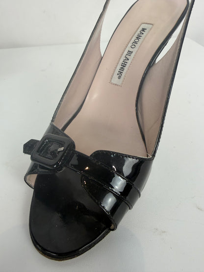 Manolo Blahnik Black Patent Leather Open Toe Buckle Strap Slingback Heels