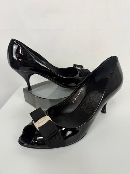 Ferragamo Black Peep Toe Heels w/ Bow & Silver Hardware