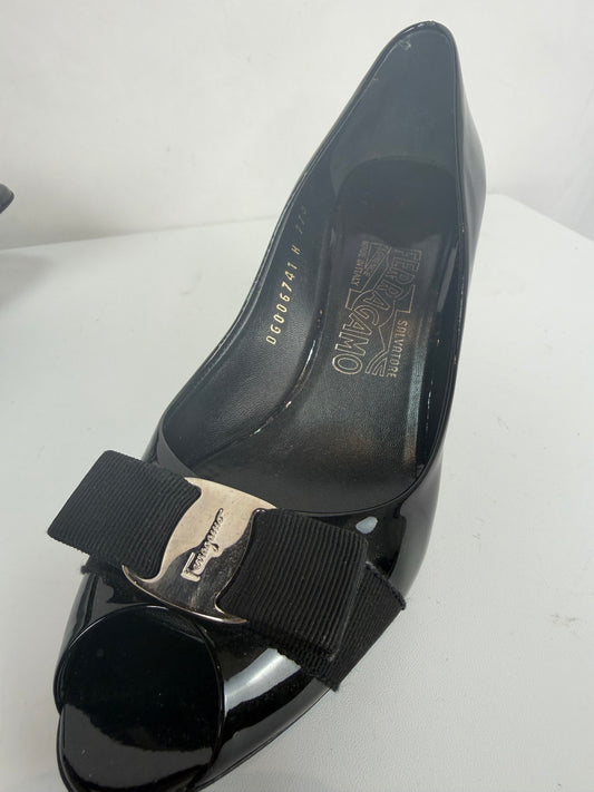 Ferragamo Black Peep Toe Heels w/ Bow & Silver Hardware