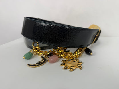 Judith Leiber Black Leather Gold Tone Chain Charm Belt