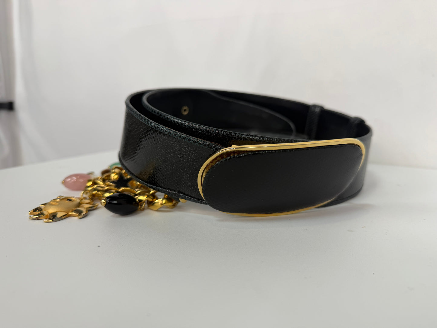 Judith Leiber Black Leather Gold Tone Chain Charm Belt