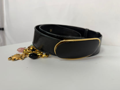 Judith Leiber Black Leather Gold Tone Chain Charm Belt