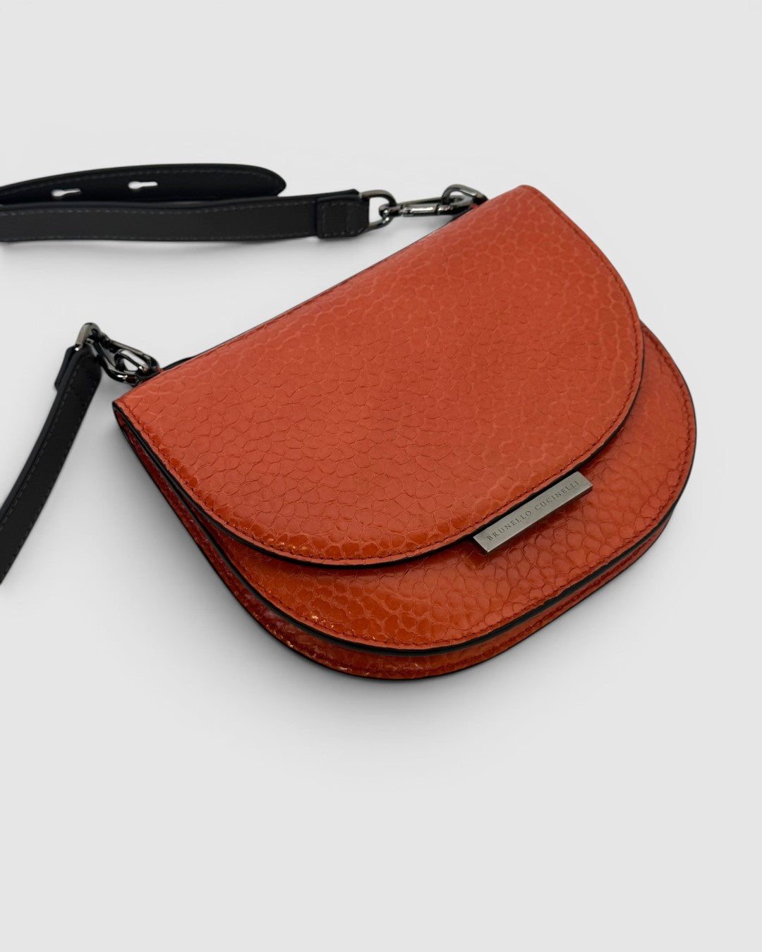 Brunello Cucinelli Orange Textured Leather Flap Crossbody Bag