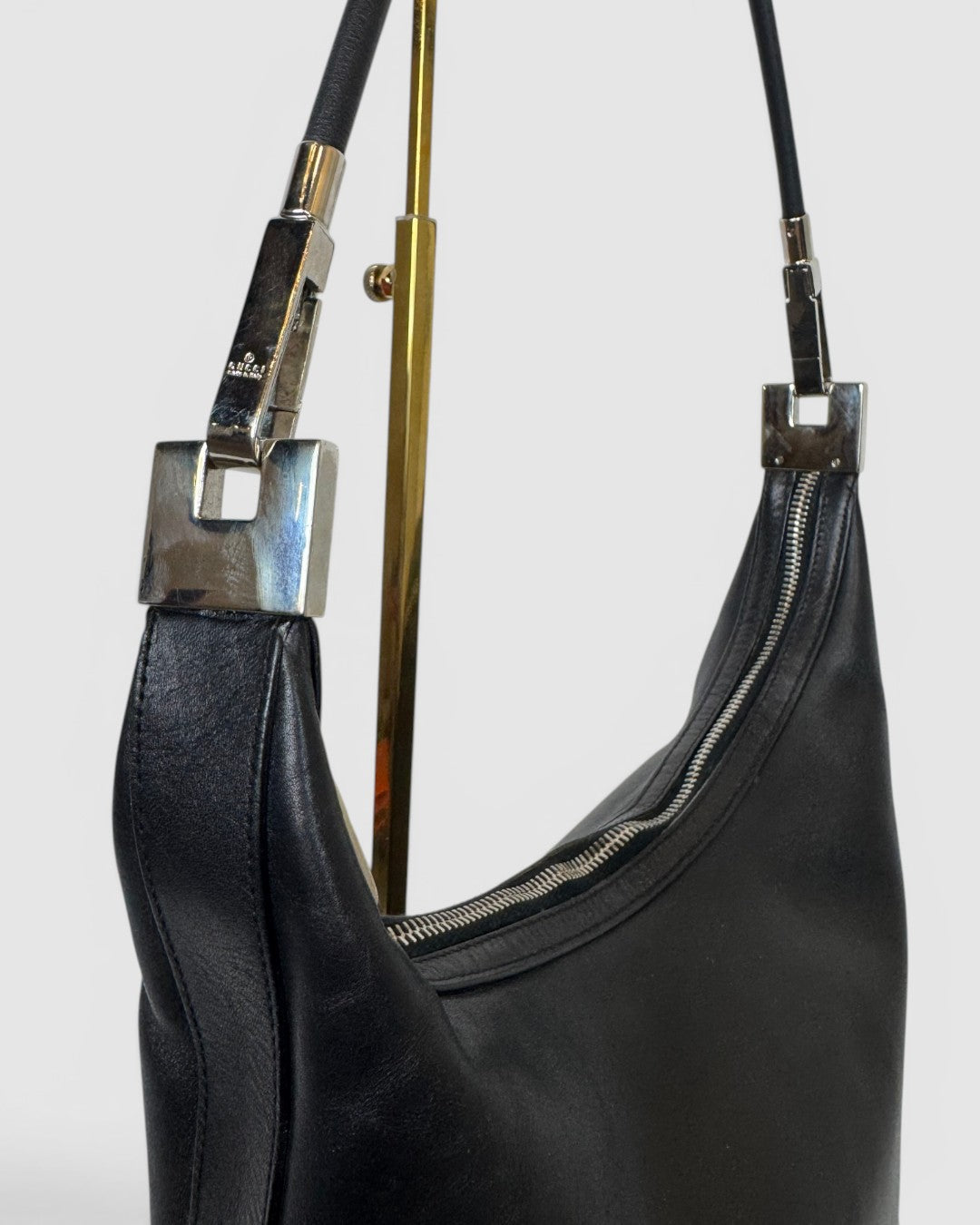 Gucci Black Leather Shoulder Bag w/ GG Zipper