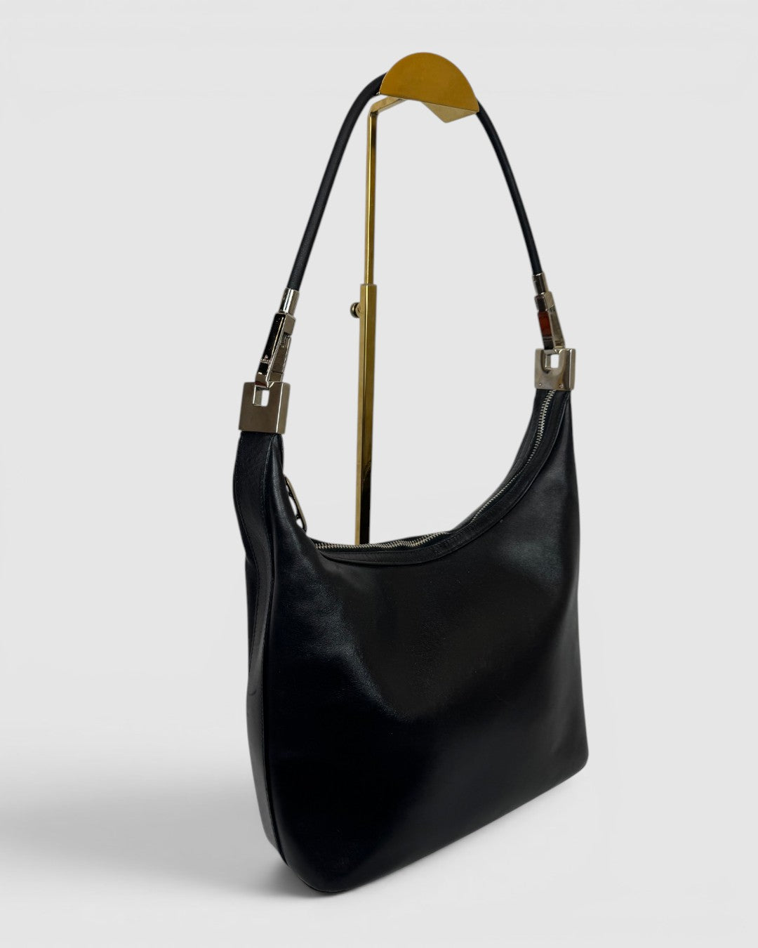 Gucci Black Leather Shoulder Bag w/ GG Zipper