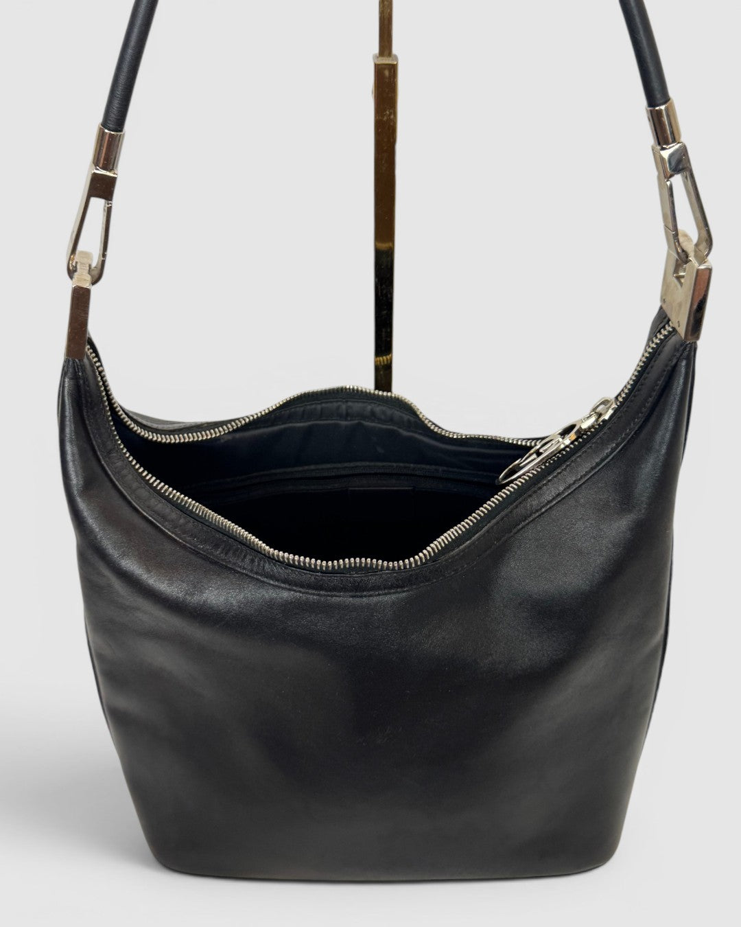 Gucci Black Leather Shoulder Bag w/ GG Zipper