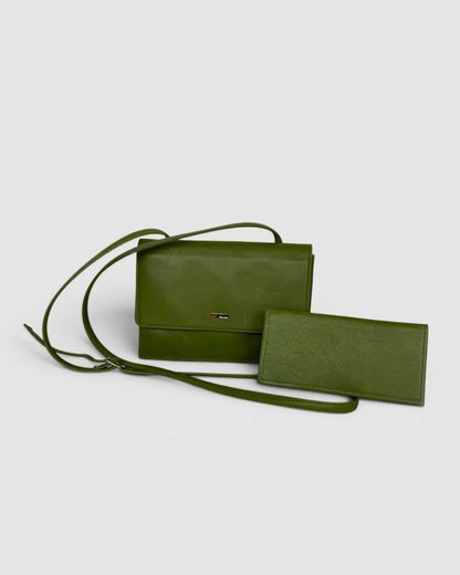 Furla Leather Sage Green Flap Over Bag w Wallet Crossbody Bag
