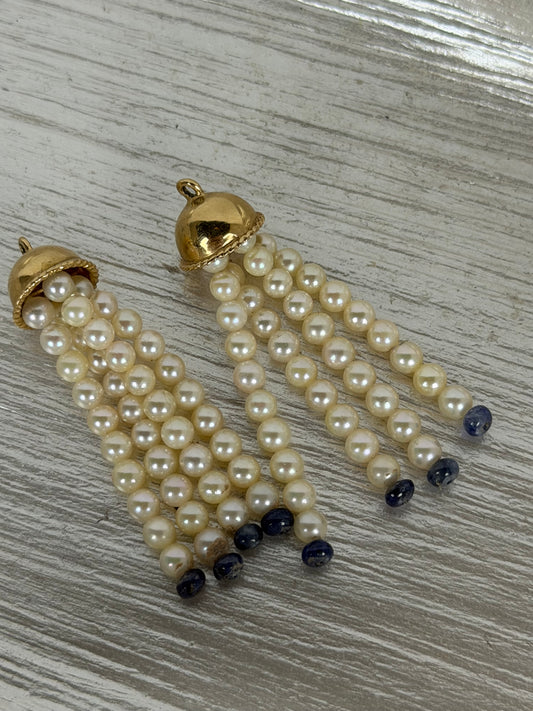 Genuine Pearl & Lapis Bead 14K Gold Ear Jacket Earrings