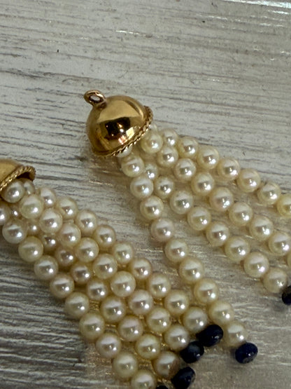 Genuine Pearl & Lapis Bead 14K Gold Ear Jacket Earrings