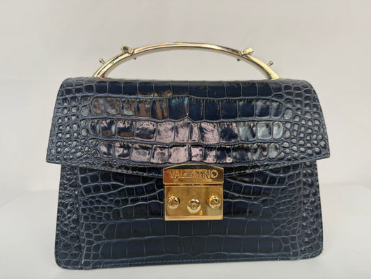 Valentino Leather Navy Croc Embossed Flap Box 2 Way Bag