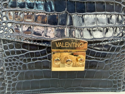 Valentino Leather Navy Croc Embossed Flap Box 2 Way Bag