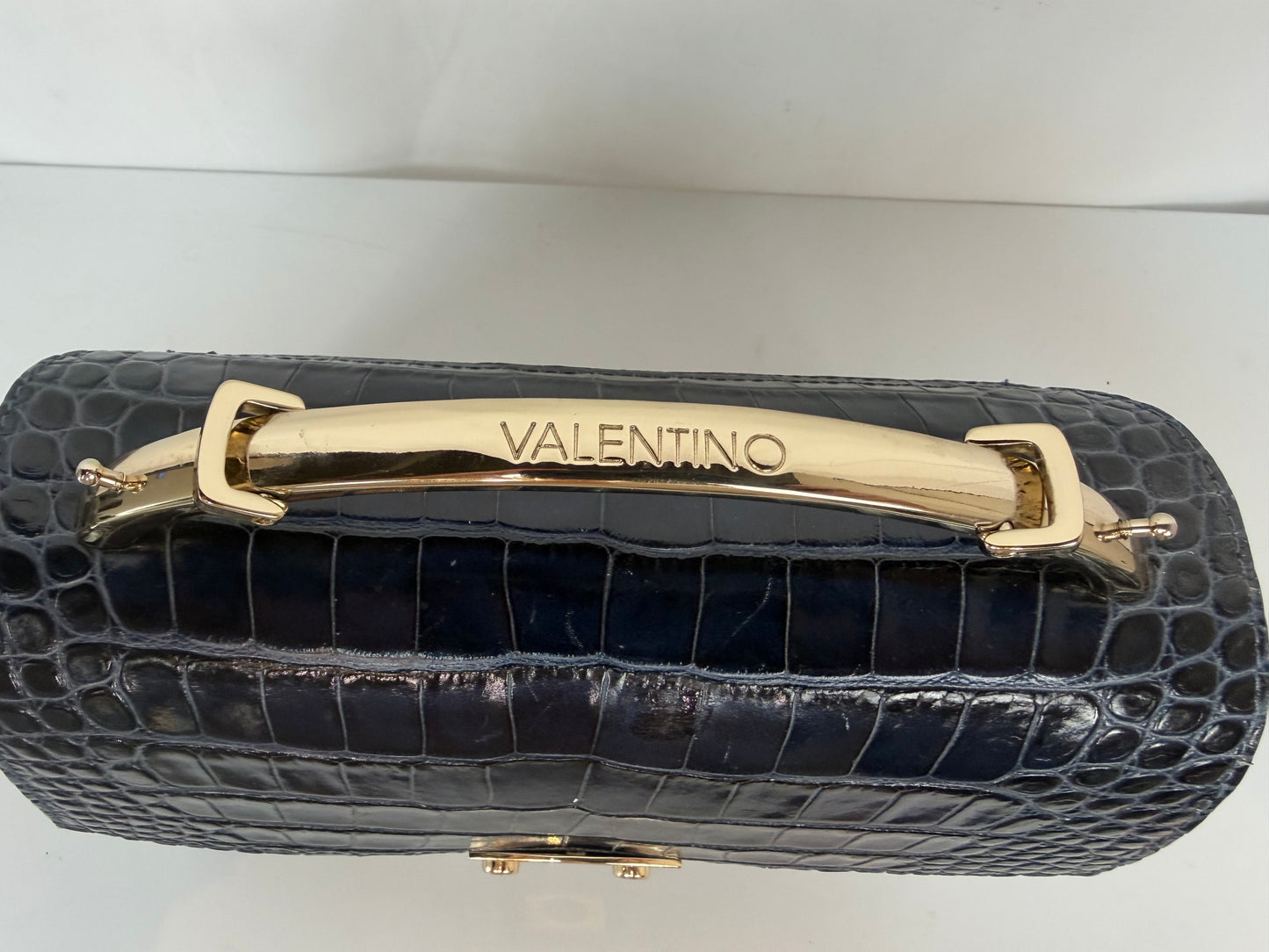 Valentino Leather Navy Croc Embossed Flap Box 2 Way Bag
