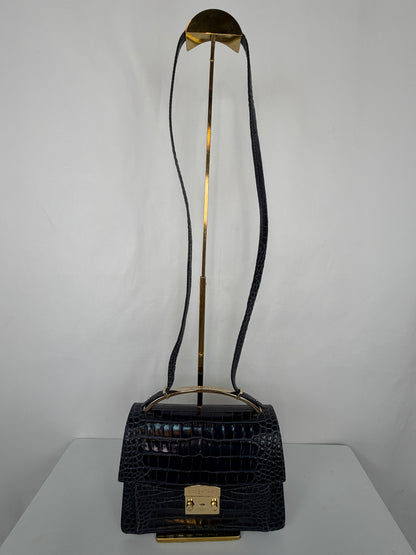 Valentino Leather Navy Croc Embossed Flap Box 2 Way Bag