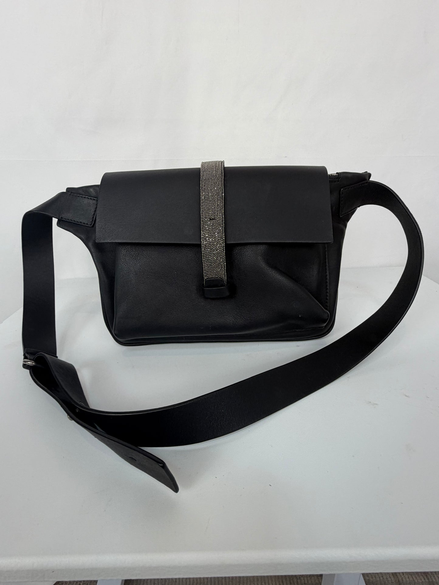 Brunello Cucinelli Leather Black Beaded Flap Over Belt/Shoulder Messenger Bag