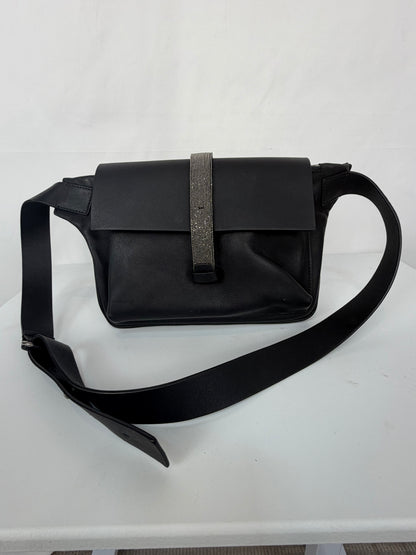 Brunello Cucinelli Leather Black Beaded Flap Over Belt/Shoulder Messenger Bag