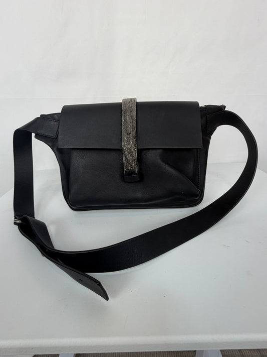 Brunello Cucinelli Leather Black Beaded Flap Over Belt/Shoulder Messenger Bag