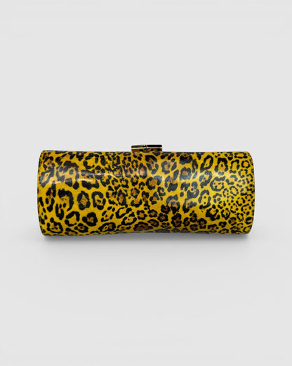 Jimmy Choo Patent Leather Yellow Black Leopard Print Tube Clutch w Gold Hardware
