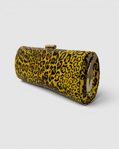 Jimmy Choo Patent Leather Yellow Black Leopard Print Tube Clutch w Gold Hardware
