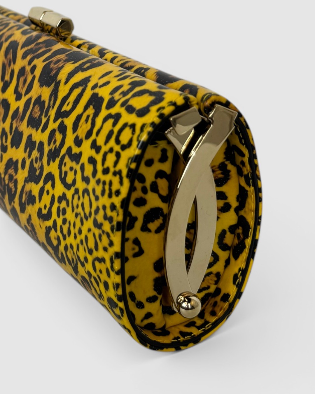 Jimmy Choo Patent Leather Yellow Black Leopard Print Tube Clutch w Gold Hardware