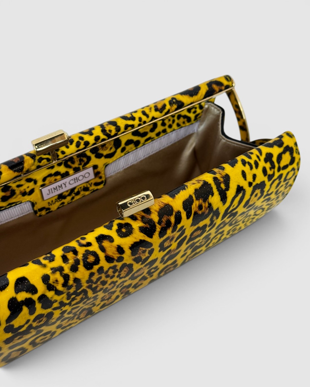 Jimmy Choo Patent Leather Yellow Black Leopard Print Tube Clutch w Gold Hardware