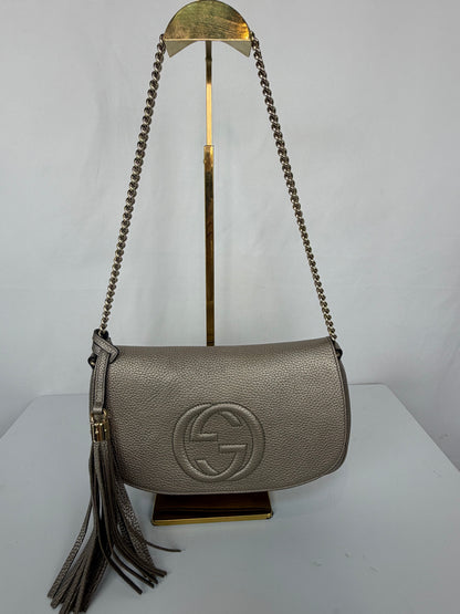 Gucci Metallic Leather Soho Gold Chain Flap Bag w Embossed Interlocking GG Logo & Tassel
